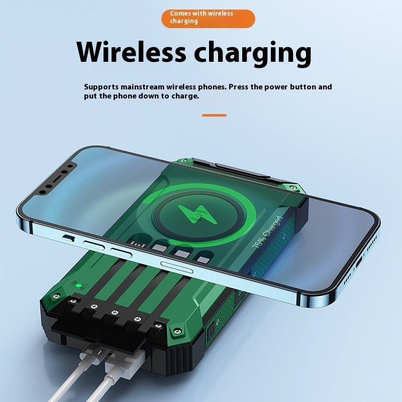 Wireless Charger Solar Power Bank W/ Built-in Cables Waterproof/Shockproof